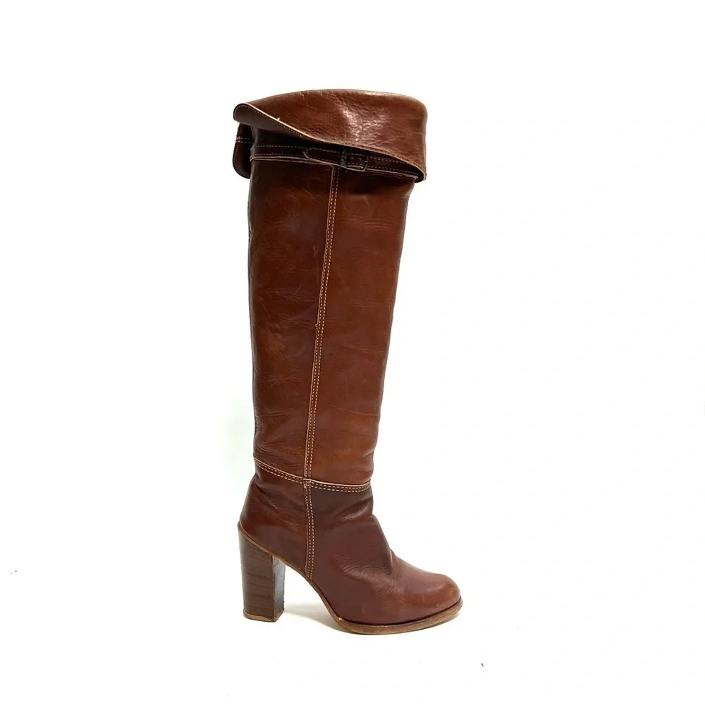 ZODIAC | Vintage 1970s brown leather over the knee logo fabric heeled boots